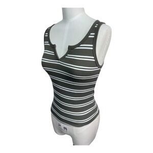 Hippie Rose‎ Green Striped Sleeveless Ribbed Knit Notch V-Neck Tank Top Size S